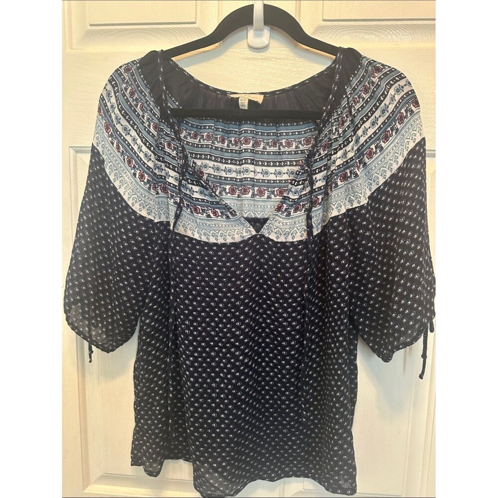 Lucky Brand Navy and White Lightweight Woven Printed Peasant Blouse Size M
